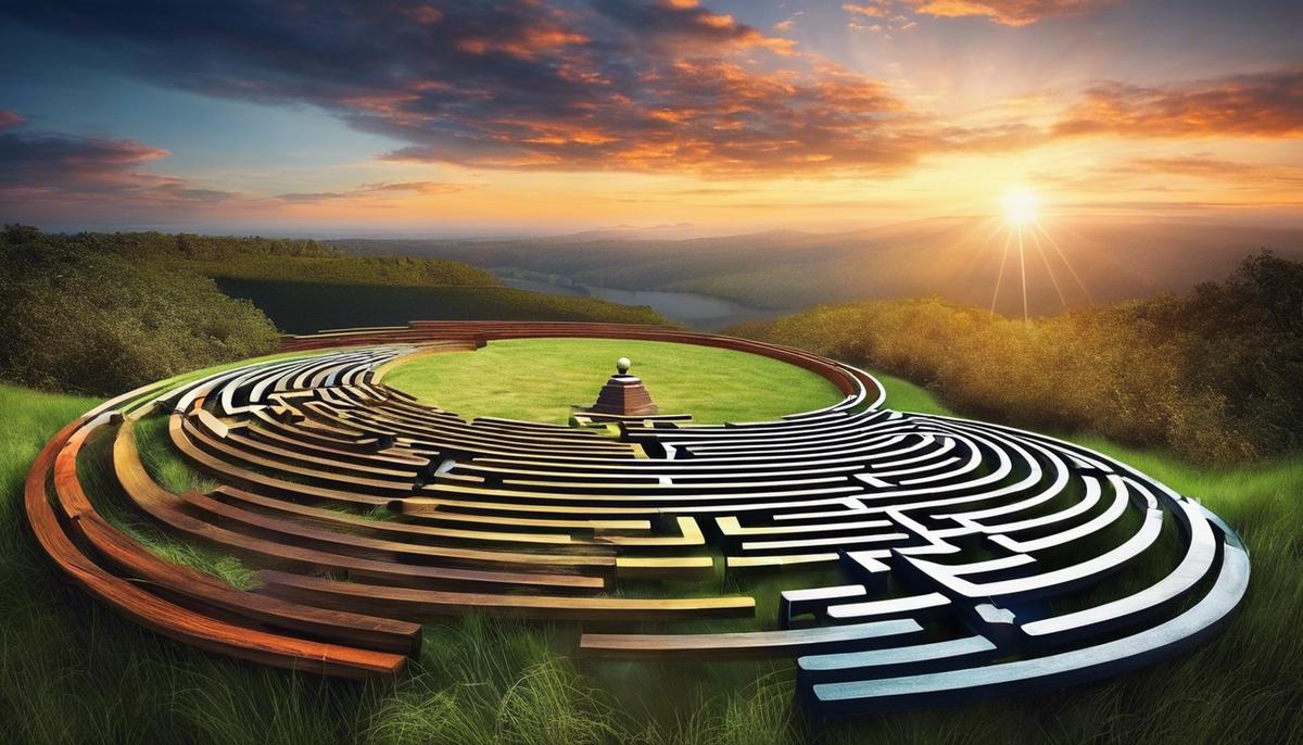 A conceptual image representing the journey of navigating mental health care barriers with a labyrinth symbolizing the challenges and different colored pathways symbolizing the various barriers and their complexity.