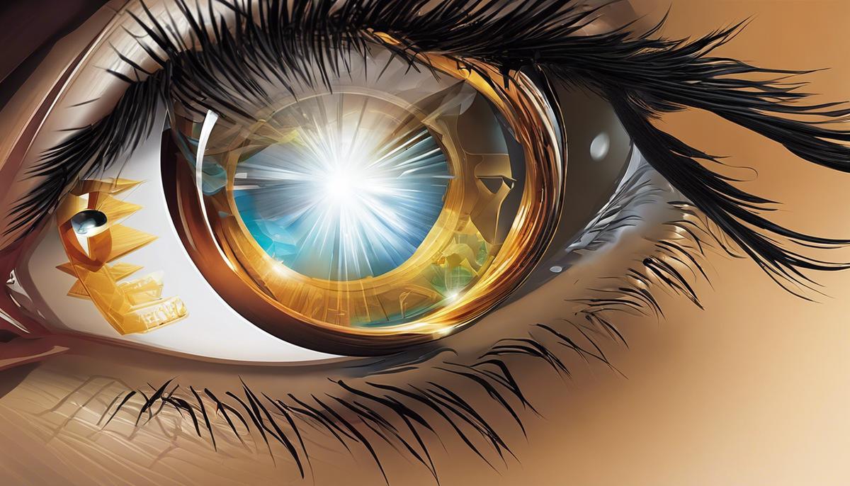 A graphic showing a magnifying glass over an eye, representing vision insurance and its impact on employee productivity and satisfaction.